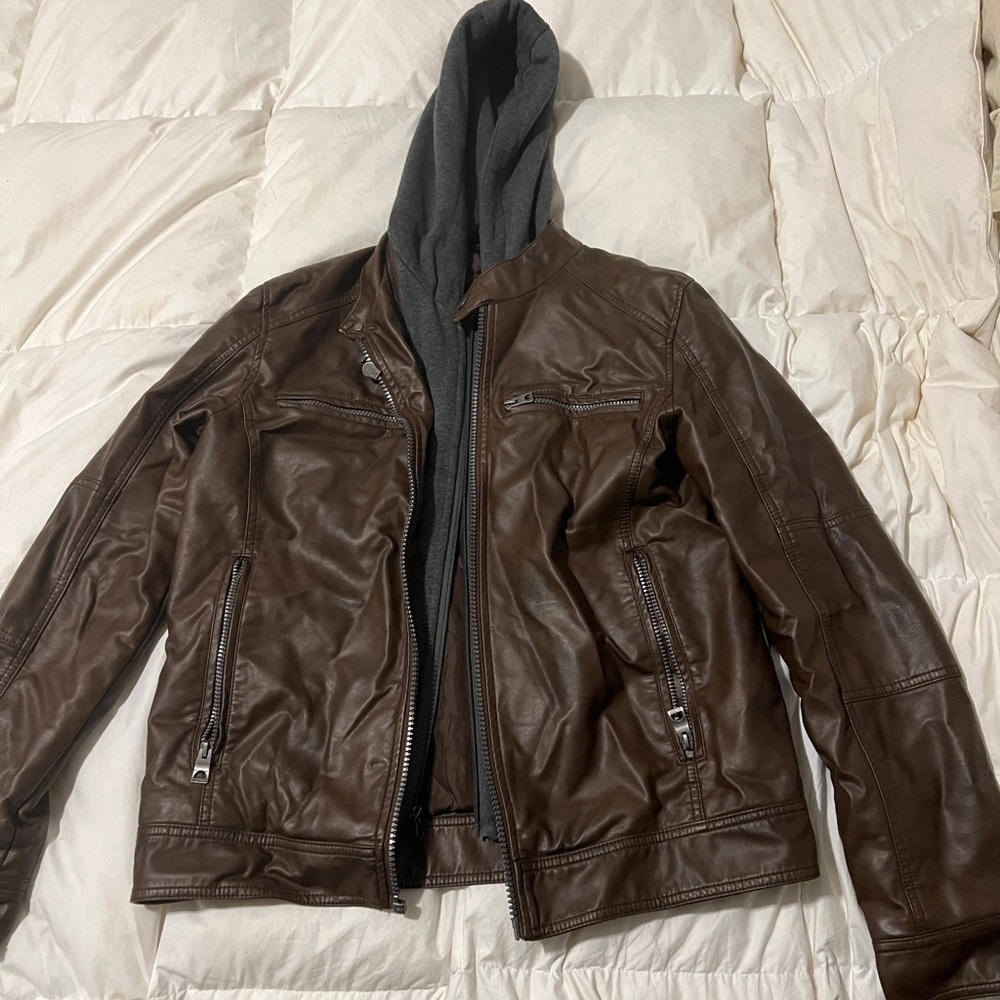 Guess Men's Faux Leather Motorcycle Jacket - Brown- Medium